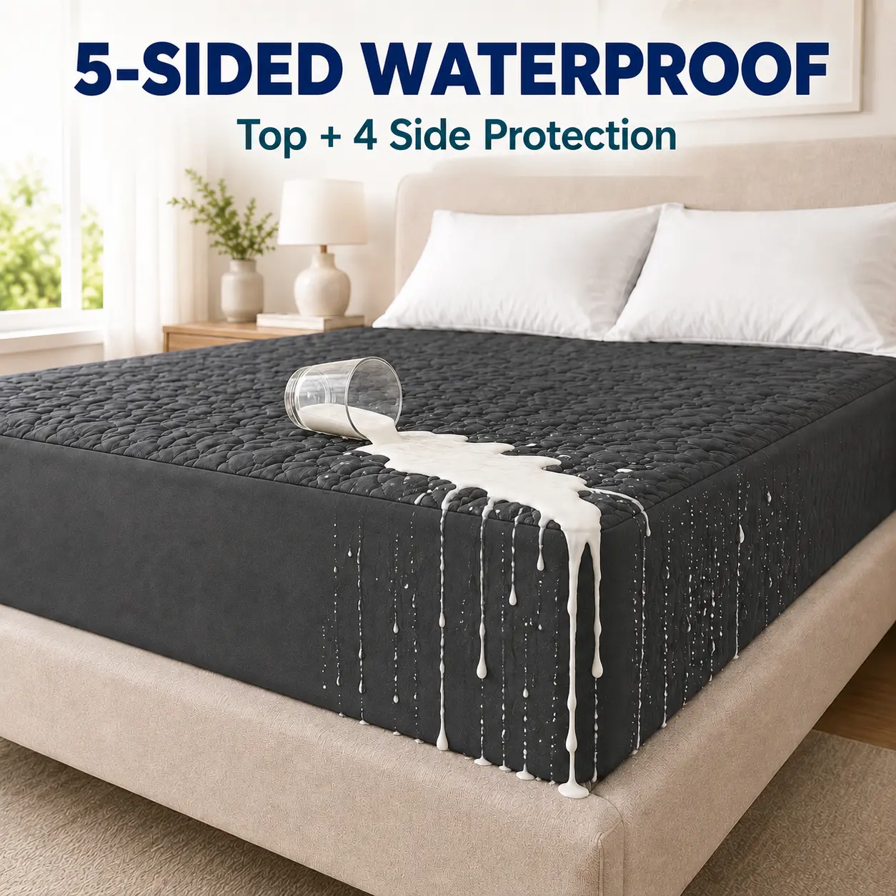 5-Sided Waterproof Mattress Protector, Quilted Fitted Bed Cover with Top and Side Protection, Soft Noiseless Surface, Breathable TPU Layer, Fits Mattresses up to 21 Inches Deep, Twin Full Queen King, White/Gray tiktokshopbacktoschool