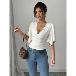 Elegant New Cross V Neck Slim Fit Batwing Sleeve Top, Stylish Solid Color Women's Blouse for Casual Wear, Chic and Sexy Design