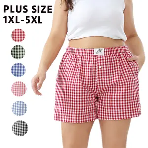 COOTRY【Plus Size】Women's Plaid Print Patched Elastic Waist Shorts, Gingham Boxer Shorts, Checkerboard Print Shorts,Casual Comfy Straight Leg Shorts for Summer,Ladies Bottoms for Daily Wear| Plus Size Fashion|Hide Belly Shorts|Flattering Fit