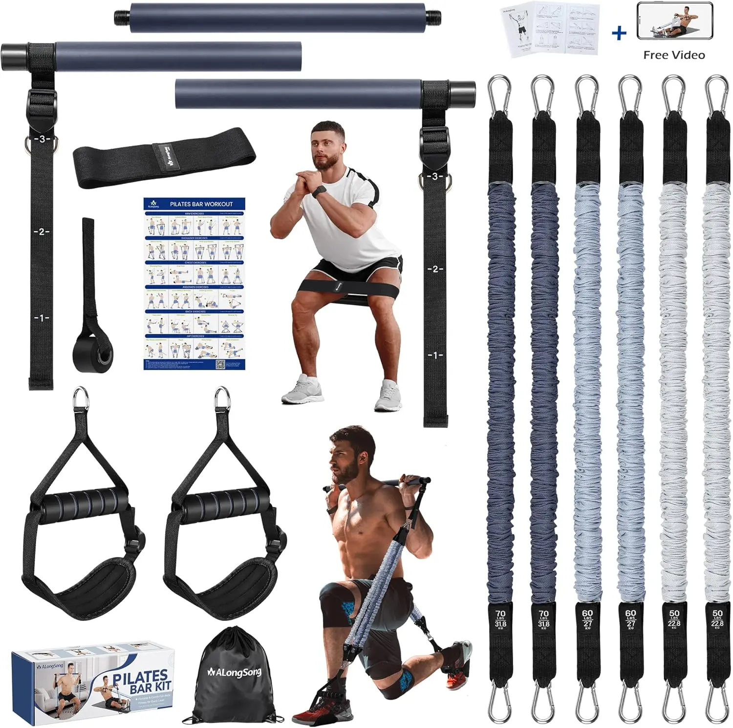 Resistance Bands Set with Pilates Bar for Home Gym, Adjustable Workout Kit (20–70 lbs Resistance) for Full Body Training