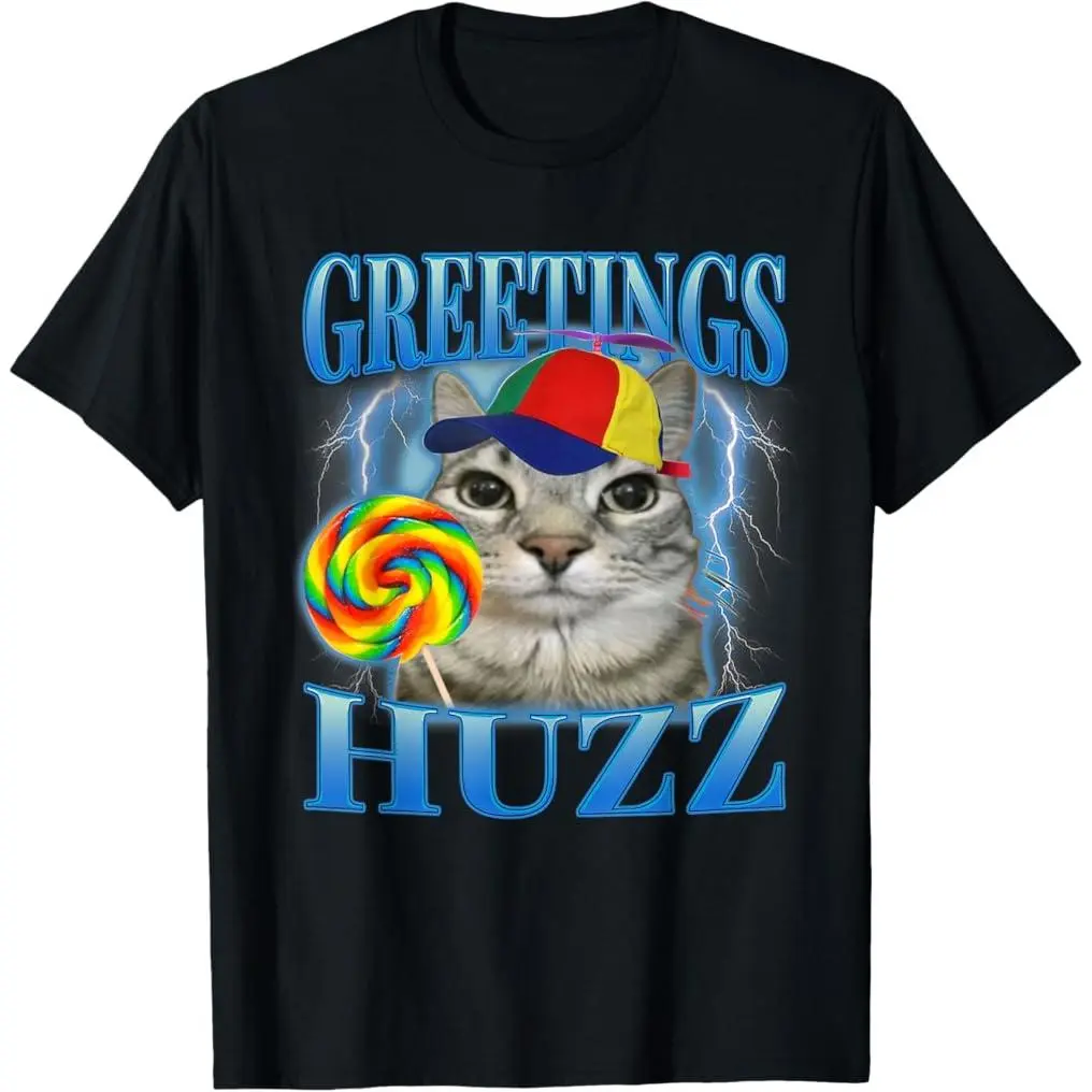Men's Lollipop Cat Meme Greetings Huzz Funny Silly Cats Humor Short-Sleeve Round Neck Funny Graphic Tee, Menswear Streetwear Casual T-Shirt