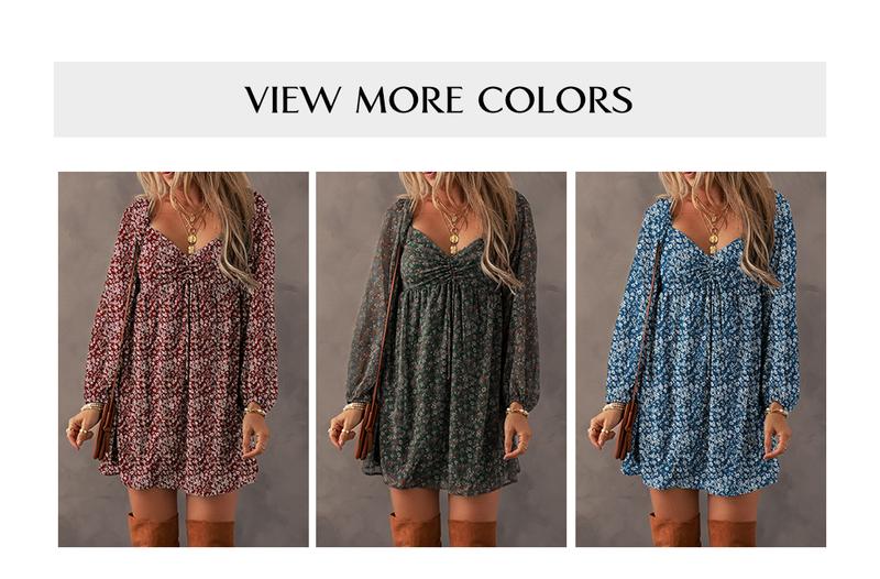 Asvivid Women's Fashion Trend Floral Print Sweetheart Neck Shirred Front Mini Dress Casual Long Sleeve Dresses Spring Fall Clothes