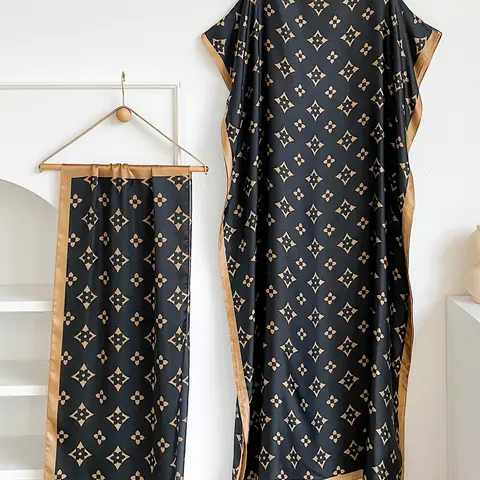 Women Satin Kaftan Abaya Set With Matching Hijab, Vintage Print Loose Batwing Sleeve Maxi Dress, Modest Islamic Prayer Robe For Muslim Ladies