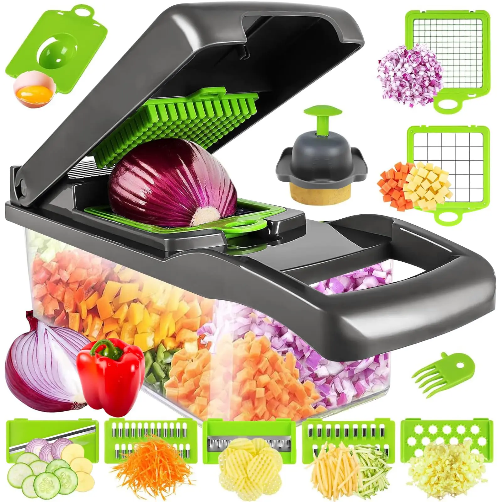 Vegetable Chopper, Pro Onion Chopper, Multifunctional 13 in 1 Food Chopper, Kitchen Vegetable Slicer Dicer Cutter,Veggie Chopper With 8 Blades,Carrot and Garlic Chopper With Container