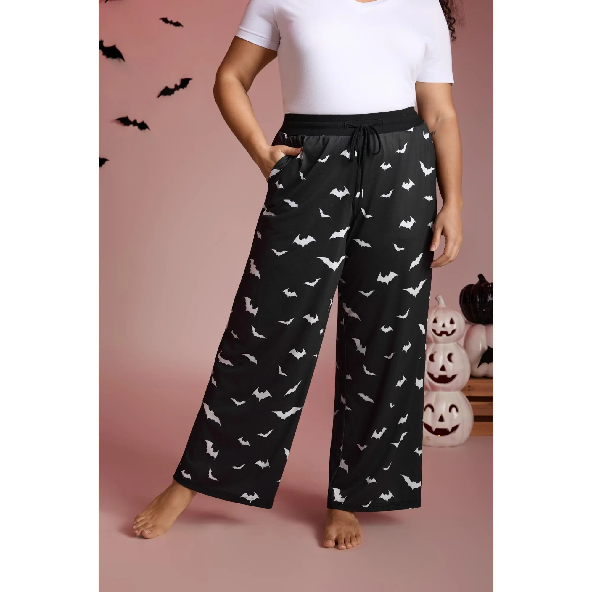 BLOOMCHIC Women's Batty Knit Printed Wide Leg Spandex Garment Lounge Bottoms with Pocket - Everyday Wear, Summerfinds, Sleeve, Fabric, Halloween, Medium Stretch Moves With Every Step, Relaxed For Long Lounge Days, Drawstring Cinch, Stretchy 95/5 Poly