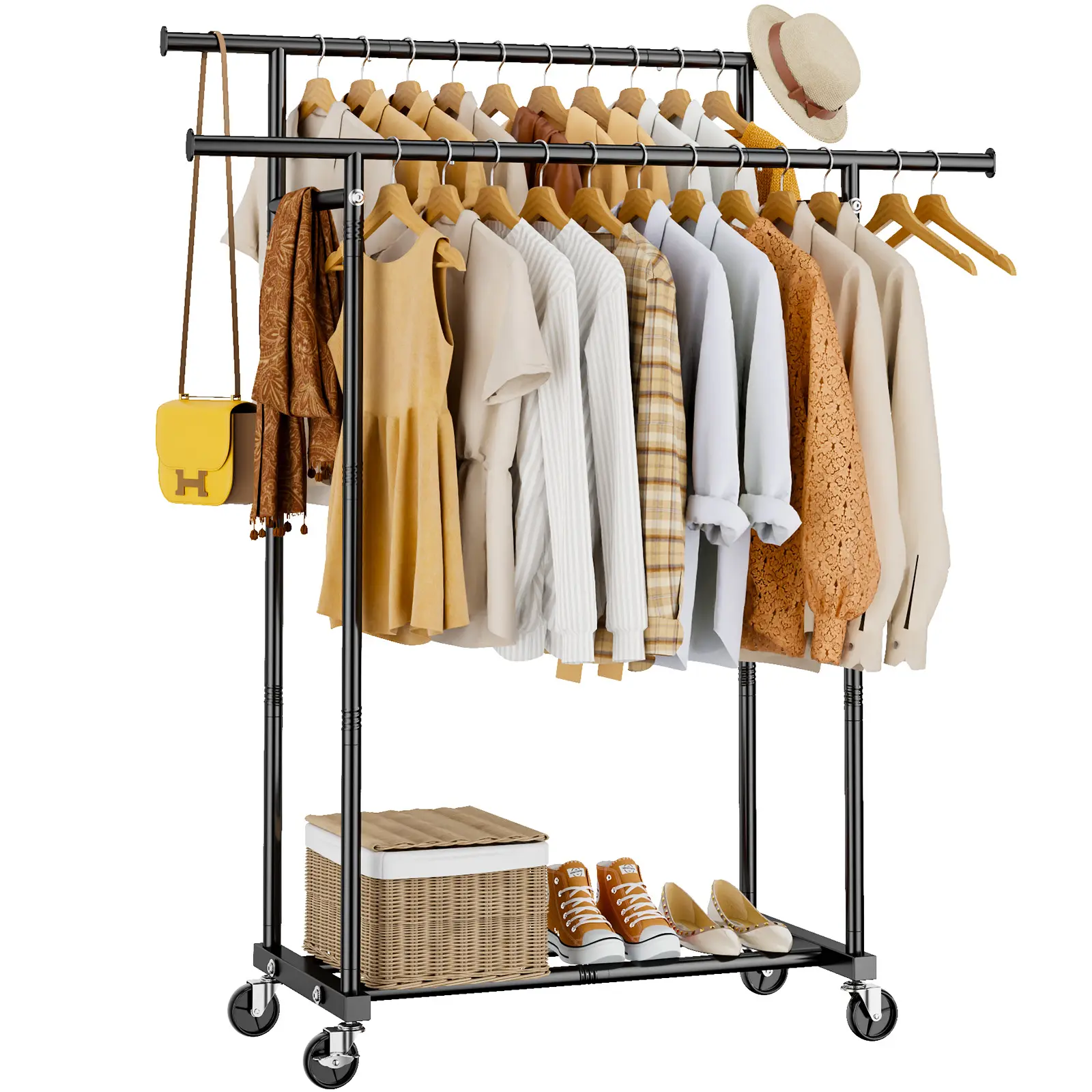 Double-Rod Metal Rolling Stand Drying Rack, Wheeled Movable Freestanding Hanger, Multifunctional Space-Saving Hanging Drying Rack for Laundry Storage, Hanging Drying Racks