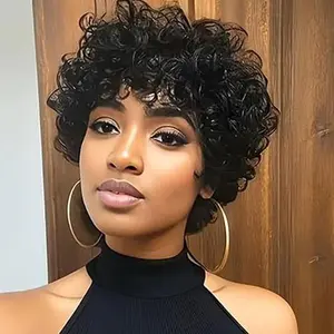 Short Curly Wigs Human Hair For Black Women Glueless Funmi Curly Bob Human Hair Wig Black Big Curly Wig With Bangs 10 inch Natural Loose Wig Afro Curly Wig Bouncy Wig Human Hair 10"