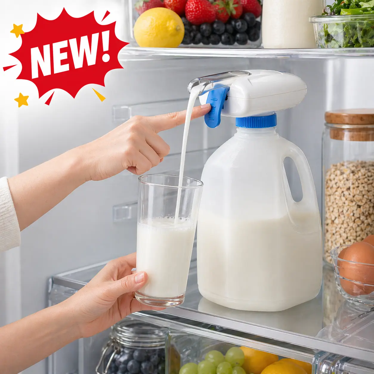 Electric Milk Dispenser Pump for 1-Gal Bottles, 1-Touch Pump and Pour Milk, No Lift No Spill, Convenient Hands-Free Tool for Busy Mornings, Quick Snacks, Fridge Use (Home Supplies)