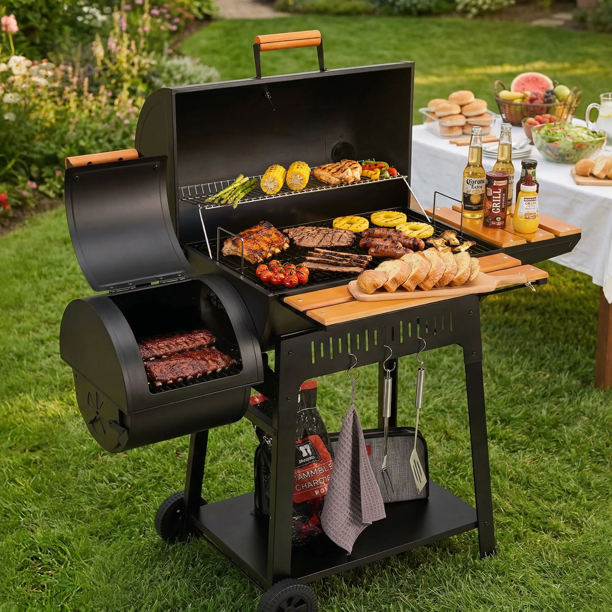 Royal Gourmet CC1831W Barrel Charcoal Grill with Offset Smoker, 824 Sq. In. Outdoor Charcoal BBQ Grill, Heavy-Duty Steel Construction, Adjustable Charcoal Pan, Side Shelf & Wheels for Backyard BBQ, BBQ Food, Patio, Camping & Outdoor Cooking
