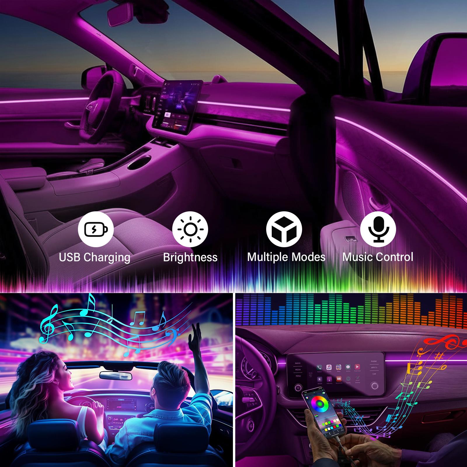 Car Foot Atmosphere Light Car LED Lights, Smart Car Interior Lights with App Control, RGB Lights with DIY Mode and Music Mode, 2 Lines Design LED Lights for Cars with Car Charger, 12V Car Accessories Carconversion