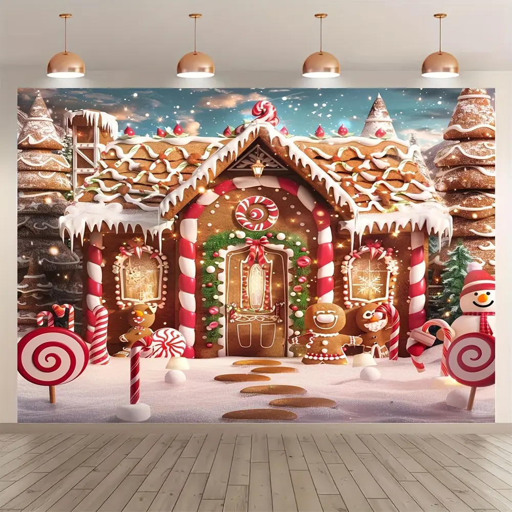 Christmas Gingerbread House Polyester Backdrop - Charming Design, Tree, Ornaments, Banners, Multi-Size Party Decorations (39x59in, 70.8x90.5in), Easy Setup for Holiday Indoor Celebration Photo Background to Boost Holiday Spirit