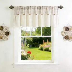 Farmhouse Boho Linen Button Valance for Kitchen Window Dining Room Rustic Cafe Cotton Valance for Small Windows Bathroom Bedroom Vintage Macrame Valances Rod Pocket 1 Panel