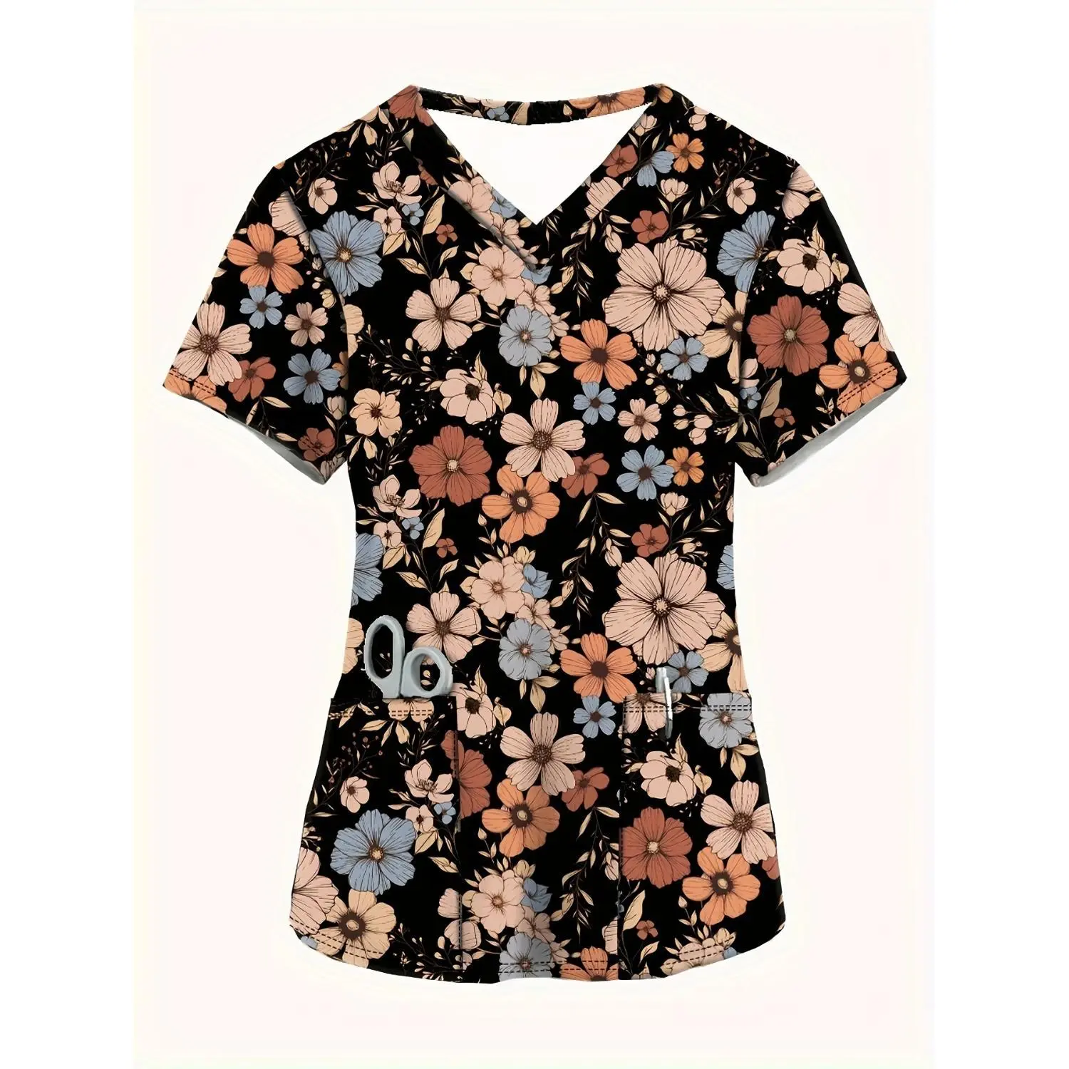 Women's Casual V-Neck Short Sleeve Floral Blouse with Pockets - Breathable, Machine-Washable Spring/Summer Top for Nursing Uniforms & Everyday Wear