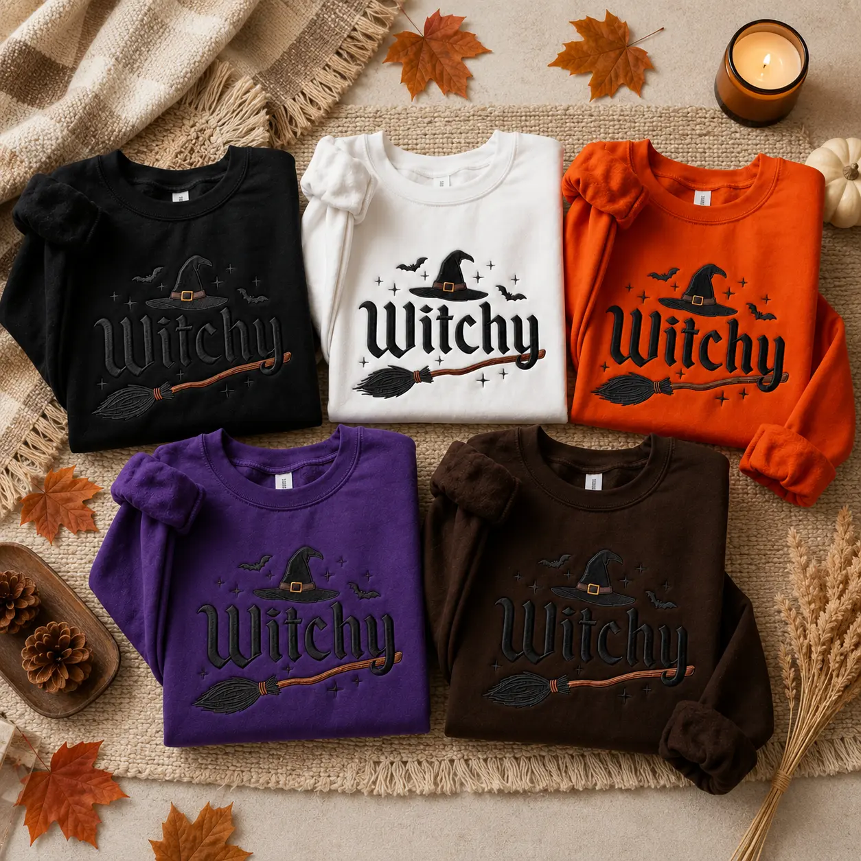 [Made in US] Embroidered Witchy Halloween Sweatshirt T Shirt Hoodie, Bat And Broomstick Witch Costume Crewneck Bottom