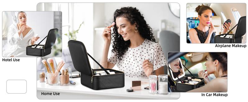 Travel Makeup Bag With LED Mirror, Cosmetic Train Case with Light up Mirror, Portable Makeup Artist Organizer Bag with Adjustable Dividers
