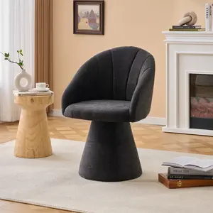 Chenille Fabric Swivel Accent Armchair, Comfy Vanity Chair With Curved Backrest, Upholstered Dining Chair With High Cylindrical Base