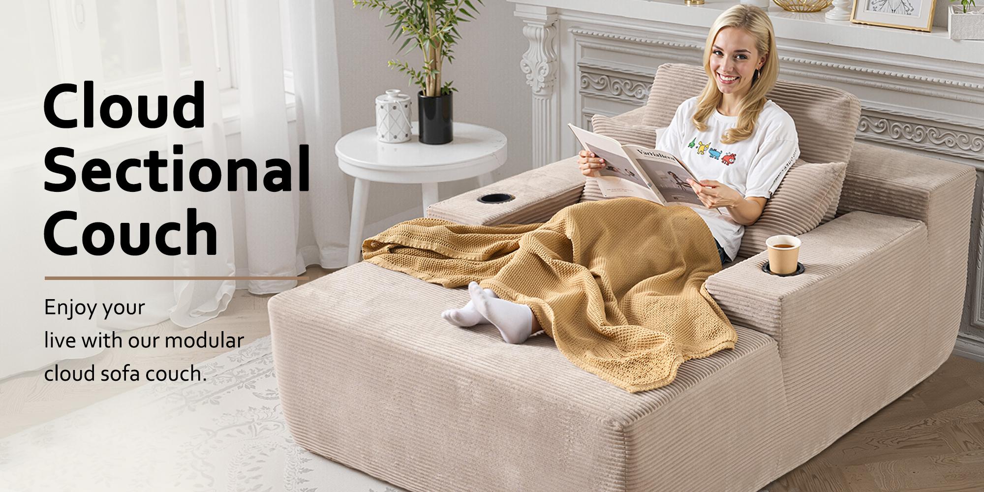 【StockUp Sale】Ovios 67'' Boneless Chaise Lounge Chair with Cup Holders, Oversized Upholstered Sofa Bed, Sleeper Couch Reading Chairs Fluffy Plush Corduroy Cloud Sofas Couches Living Room - No Assembly Required