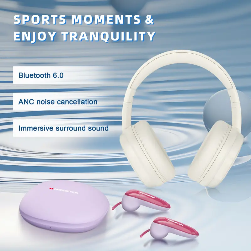 Monster Over-Ear Headphones & EarBuds Bluetooth Combo – Deep Bass, Clear Sound, Noise Cancelling Mic, Zero-Gravity Titanium Ear-Hook, Noise Isolation,Waterproof, 165H Playtime, Foldable Wireless Headset for Travel, Work - TikTokShopBackToSchool, Electroni