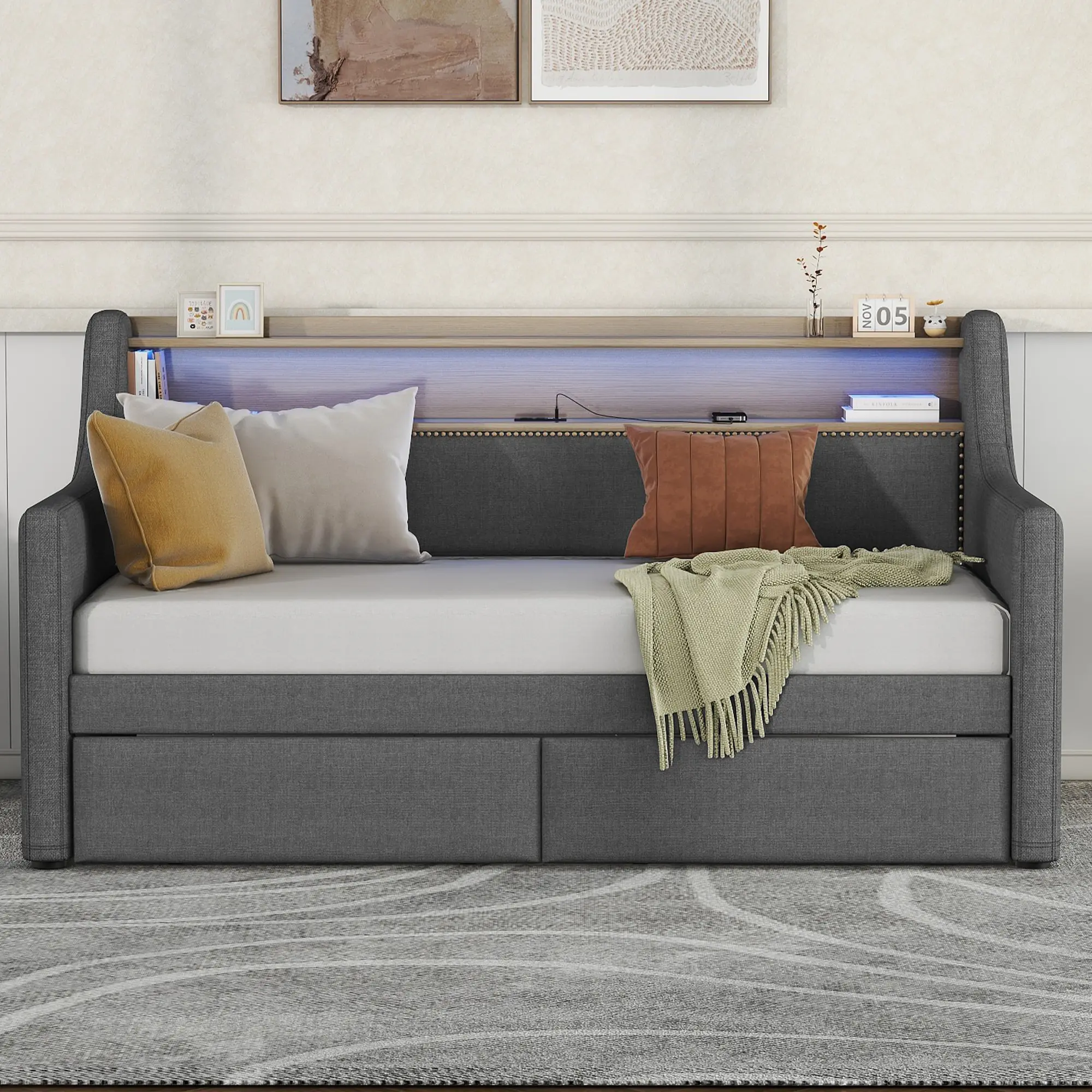 Twin Size Daybed with Storage Drawers, Upholstered Daybed with Charging Station and LED Lights