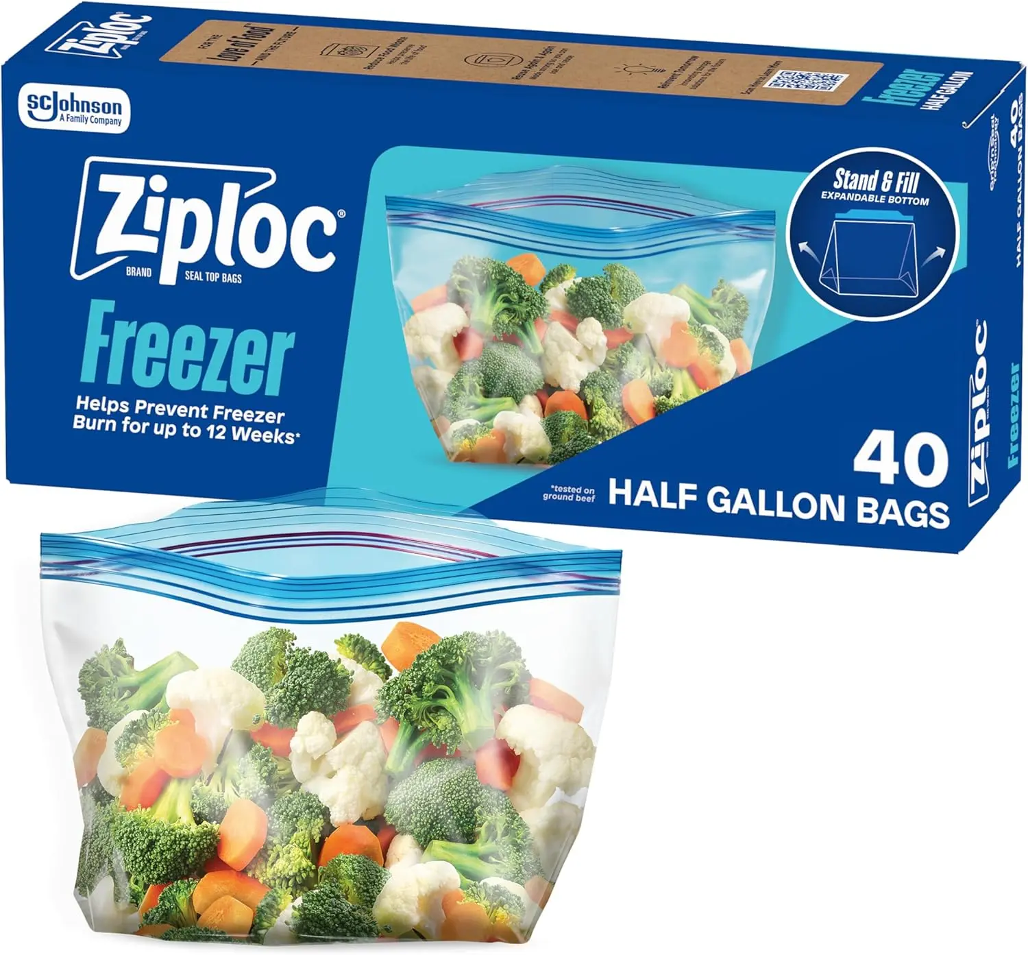 Ziploc Half-Gallon Food Storage Freezer Bags, 40 Count, Easy Open & Close