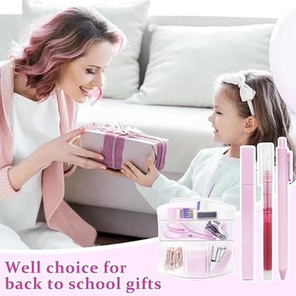 [New Deal] Mini School Supplies Kit, Pink Mini Stapler with Staples and Tape Dispenser Set, Mini Stationary Set Includes Sticky Notes Index Tabs Highlighters Gel Pens for Office & Back to School Supplies Art Materials