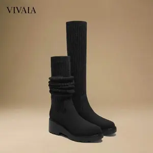 VIVAIA Women/Girls Round-Toe Knee-High Platform Chunky Wedge Boots, Celeb Fav Boots (Eduarda)