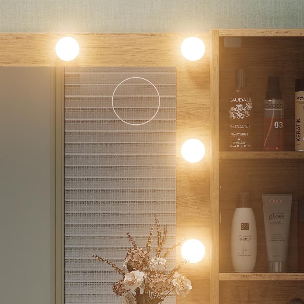 FUSOU 47'' W Fluted Vanity Desk, Makeup Vanity with Power Oultlet, 7 Drawers Vanity with 10 LED Lights and Mirror, 3 Lighting Modes Adjustable, Glass Top, Vanity with Chair for Bedroom, Natural