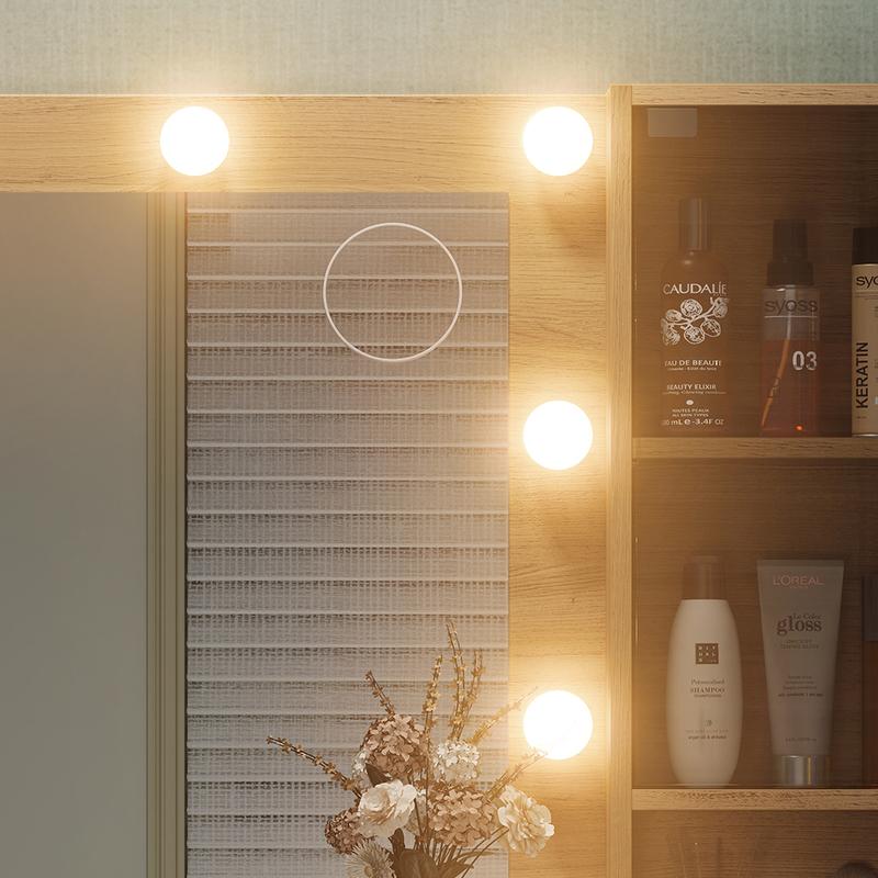 FUSOU [ Valentine's Day ] 47'' W Fluted Vanity Desk, Makeup Vanity with Power Oultlet, 7 Drawers Vanity with 10 LED Lights and Mirror, 3 Lighting Modes Adjustable, Glass Top, Vanity with Chair for Bedroom, Natural