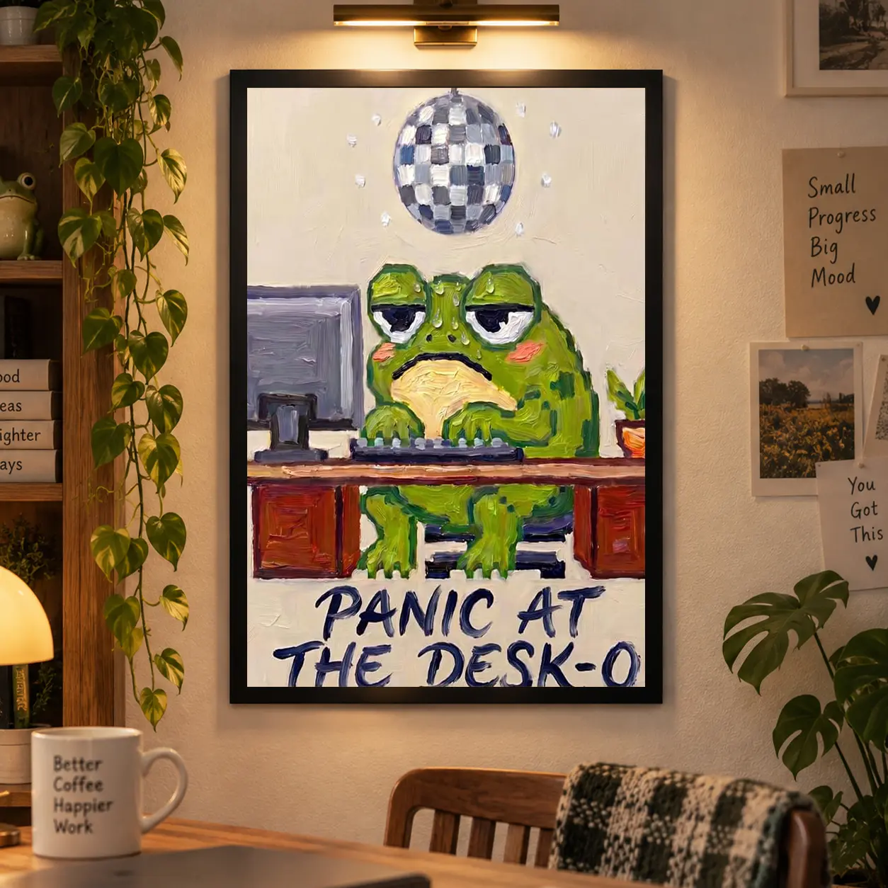 Panic At The Desk-O Funny Office Frog Canvas Print Poster, Quote Cute Frog Disco Ball Wall Decor, Frog Art Decor, Funny Office Wall Decor, Home Bedroom Office Living Room Wall Decor