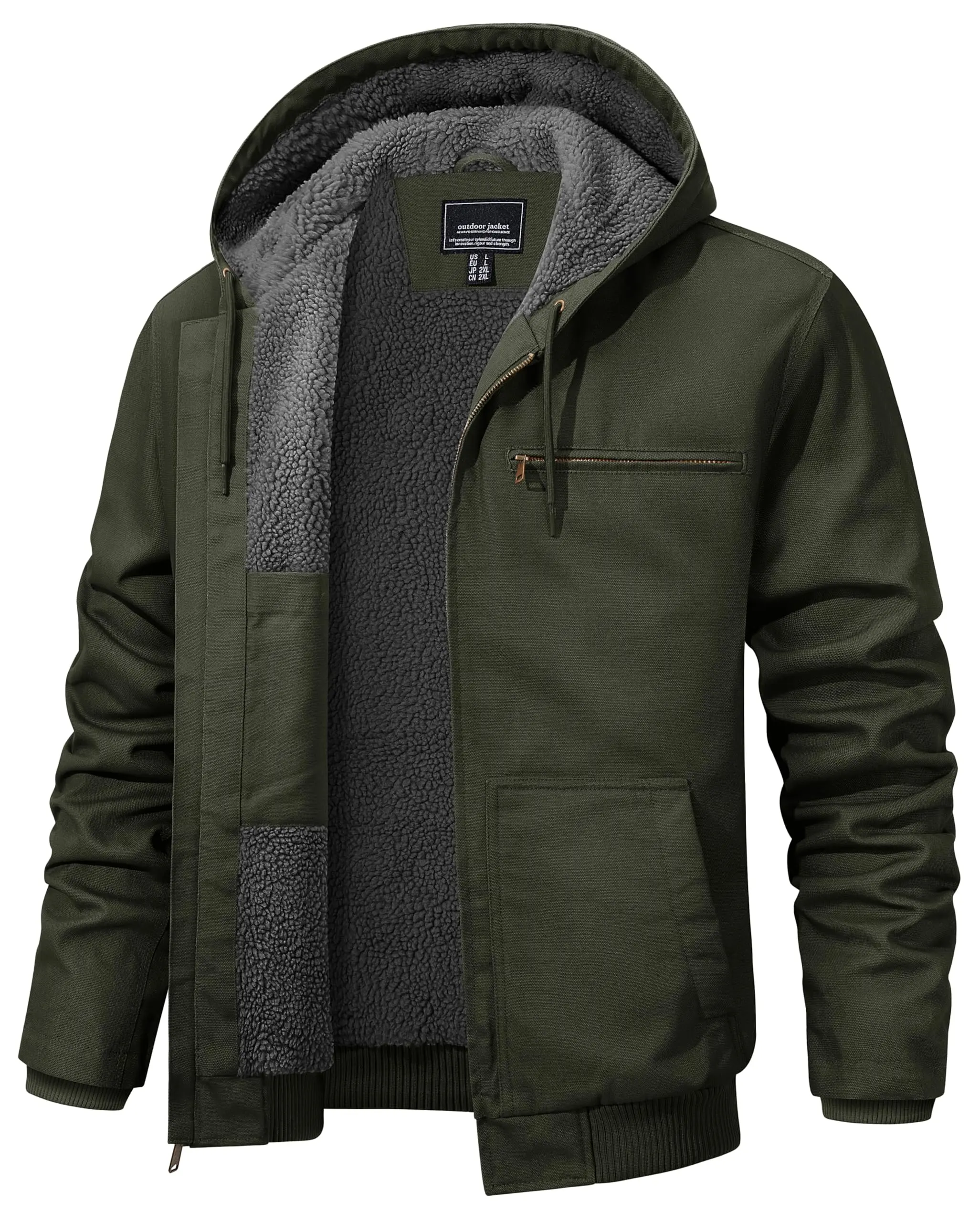 MAGCOMSEN Men's Winter Heavy-Duty Hard-Wearing Cotton Duck Canvas Jacket - Sherpa Fleece Lined, Waterproof Hooded, Pleated Elbows, 2 Side Pockets, Zipper Closure, Breathable, Casual Outdoor Tops, Thanksgiving