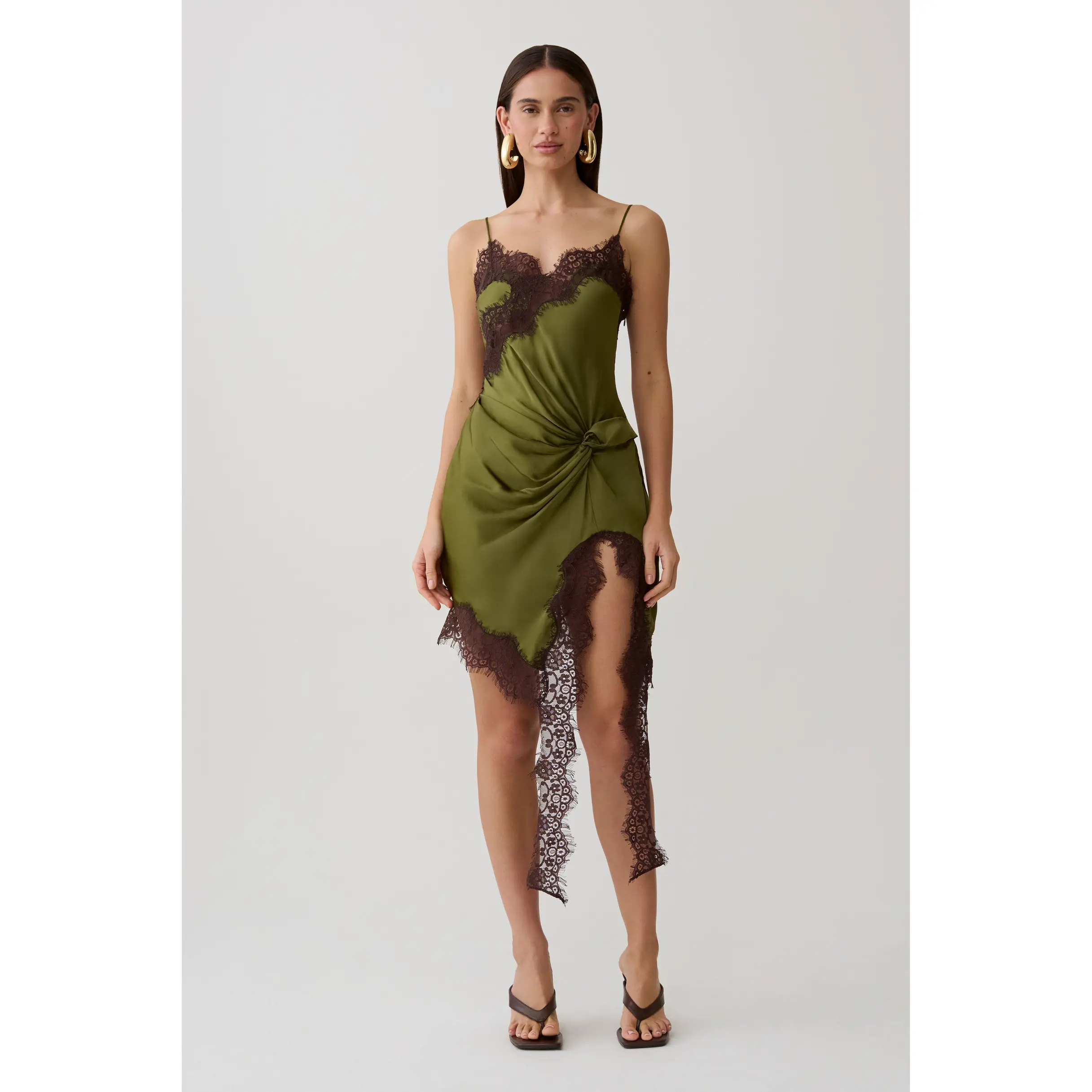 Amber Satin And Lace Mini Dress - Olive