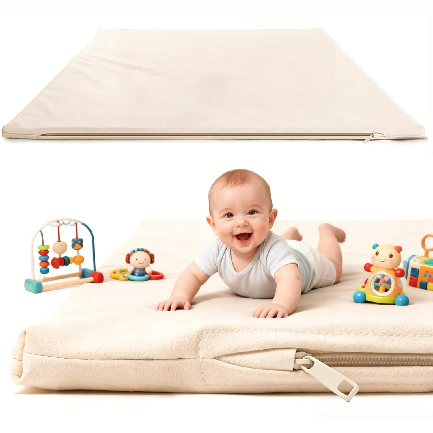Faux Leather Baby Play Mat, 50x50 Inch Waterproof Memory Foam Playmat, 1.3 Inches Thick Eco-Friendly Nursery Rug for Toddler Tummy Time, Kid Room, Vegan Leather, Solid, Unisex, 5X More Durable, Soft Support, Scratch Resistant, Standard Size, 50"X50", Wipe