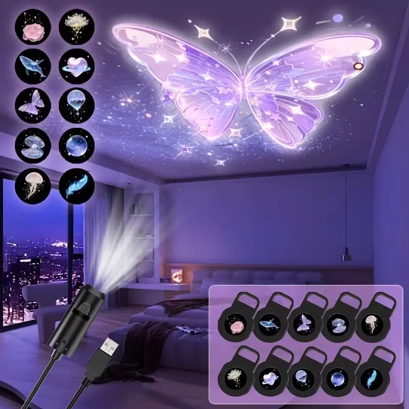 3/6/10pcs USB-Powered LED Projection Light with 360° Rotatable Projector & 7/10 Patterns (Rose, Whale, Butterfly, Cloud, Heart) Decorative Atmosphere Light, Led Atmosphere Lights, Ceiling/Wall Ambient Night Light Suitable for Room, Bedside, Decor