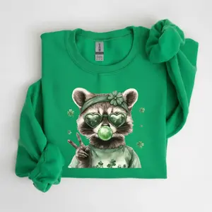 St Patricks Day Sweatshirt,  Lucky Raccoon Sweatshirt, Funny Irish Sweatshirt, Cute St Paddys Day Gift For Her, Shamrock Crewneck - LORA ATCHER