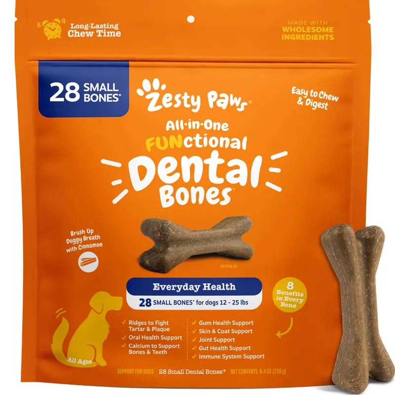 Zesty Paws All-in-One Functional Dental Bone Chews for Small Sized Dogs, Small Easy Chew Dog Treats, Joint & Immune Health Support