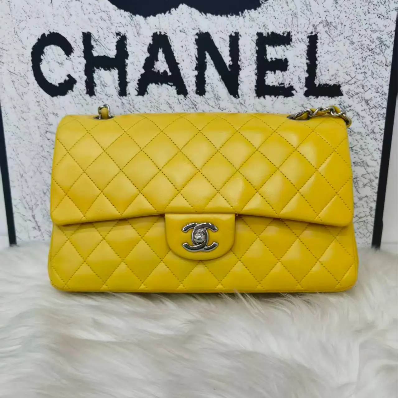 Pre-owned CHANEL Lambskin Shoulder Bags CLASSIC FLAP Medium Light Yellow Quilted Crossbody Bag with Gold Hardware