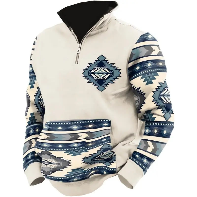 🌀 Mens Vintage Geometric Hoodie – Western Aztec 1/4 Zip Pullover for Fall & Winter#VintageStyle #AztecPrint #GeometricHoodie