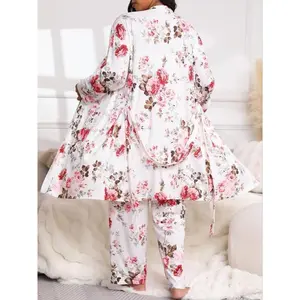 Plus Size Floral Print Belted Lounge Robe & Cami Top & Elastic Waist Pants Pyjama Set for Women's Spring & Fall Loungewear Pajamas