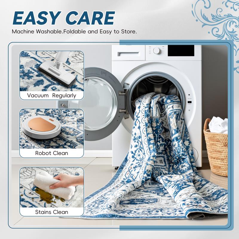 【New Year Haul】Raybee Furniture Bohemian Style Machine Washable Rug, Non-Slip TPE Backing, Soft Low-Pile Rug, Suitable for Living Room, Bedroom, and Kitchen, Easy to Care for and Stain Resistant, Home Decor