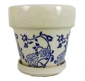 Blue and White Floral Glazed Ceramic Pot - 4.5" x 4.25"