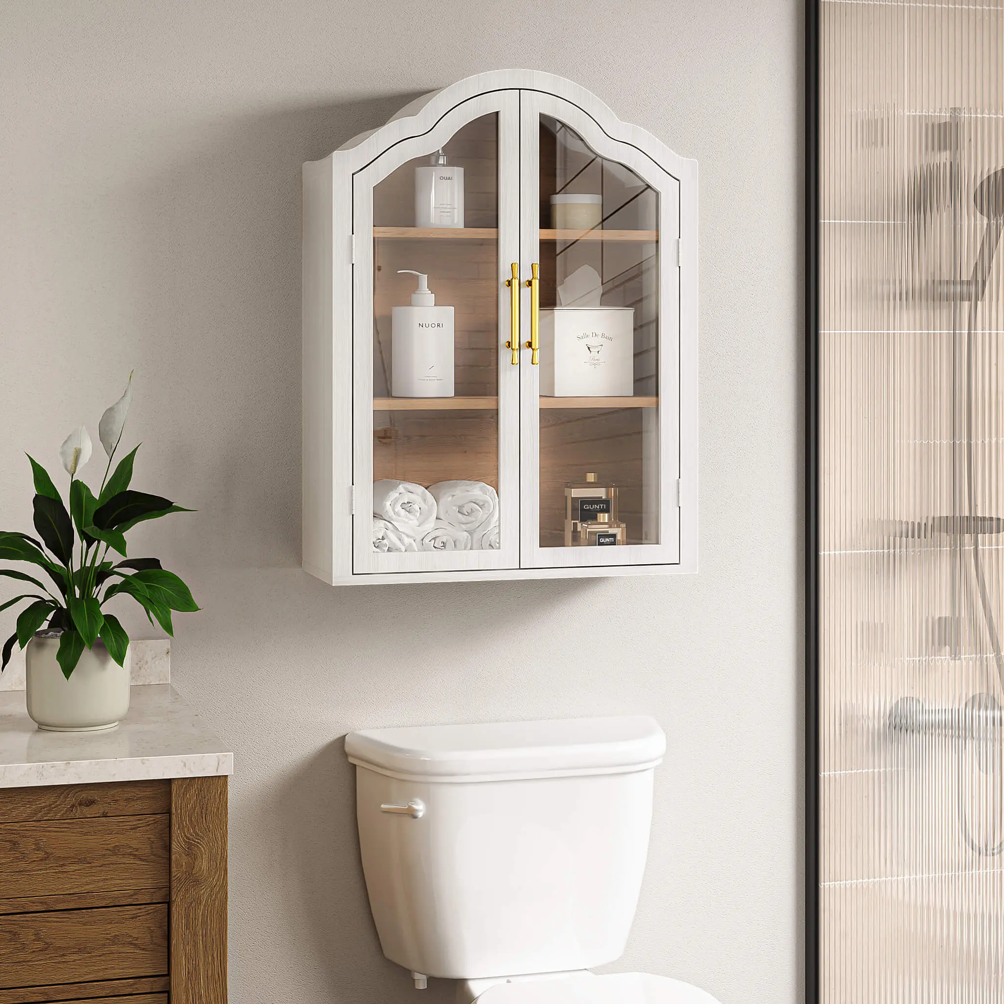 Summervibes Arched Wall-Mounted Cabinet, 31.5×23.6 in Above-Toilet Cabinet with Tempered Glass Doors & Adjustable Shelves, Wood Organizer for Bathroom, Laundry Room