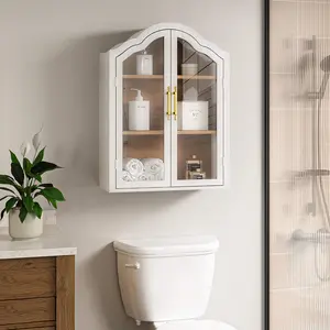 Arched Wall Cabinet Above Toilet Cabinet, 31.5×23.6 Inch Wall Mounted Cabinets with Tempered Glass Doors & Adjustable Shelves, Wood Organizer for Laundry Room, Kitchen, Bathroom (White)