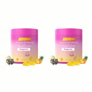 Premium women's probiotic gummies, containing a blend of slippery elm bark, prebiotics, and probiotics, support balance, relieve dryness and discomfort, and promote immune health.  A women's dietary supplement, 60 pineapple-flavored gummies