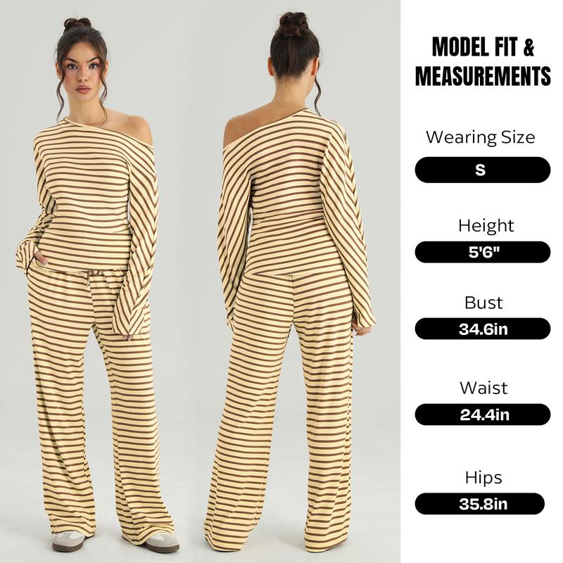 KatchMe Women's Versatile Sloping Shoulder Stripe Long Sleeve Top & Drawstring Waist Loose Trousers Co-ord, Comfort Basic Two Piece Outfits