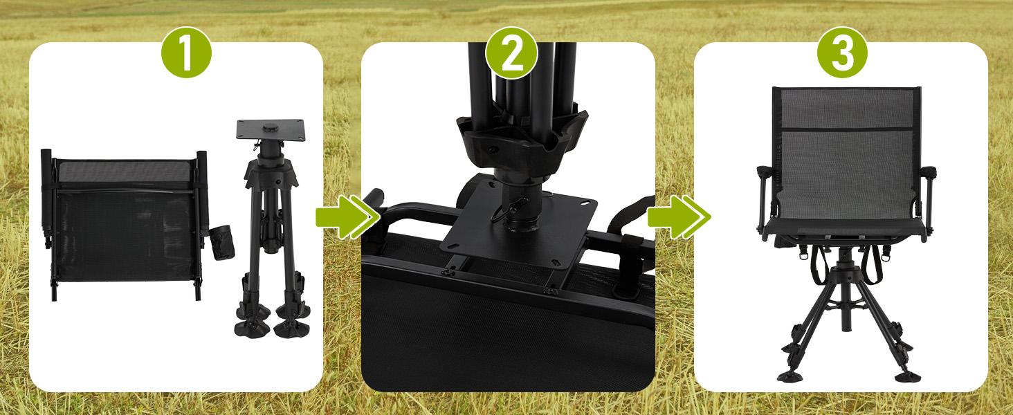 [Aecojoy Hunting Season] Hunting Chair with Detachable Cover, 360° Silent Swivel, Adjustable Height, Mesh Back, Folding Ground Seat, Armrests, Telescopic Legs, Duck Feet, 330 lb Capacity Magnetic Rangefinder Strap Carbon