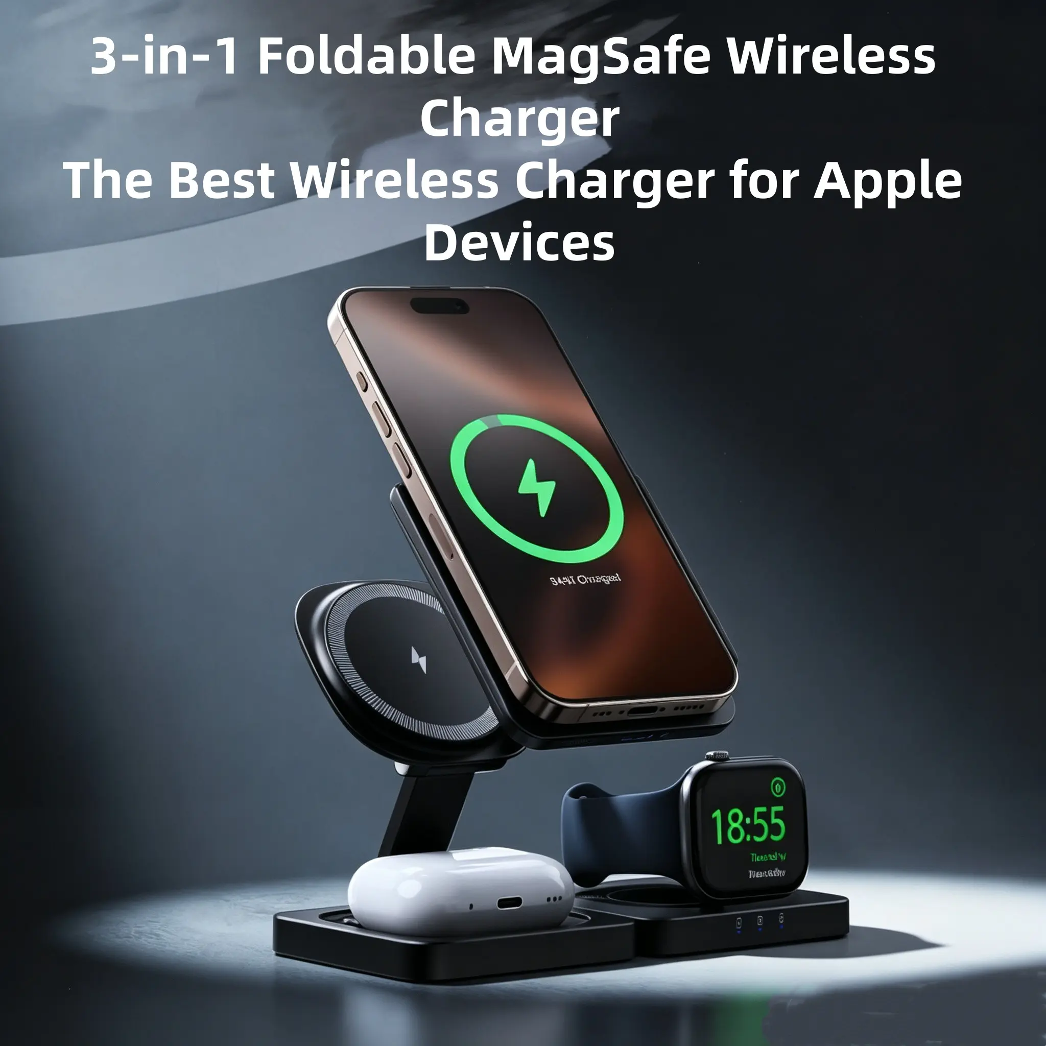 3-In-1 Wireless Charger, Magsafe Charging, Foldable 15w Fast Charger, Compatible with iPhone & Apple Watch, Ideal for Travel & Office, Portable