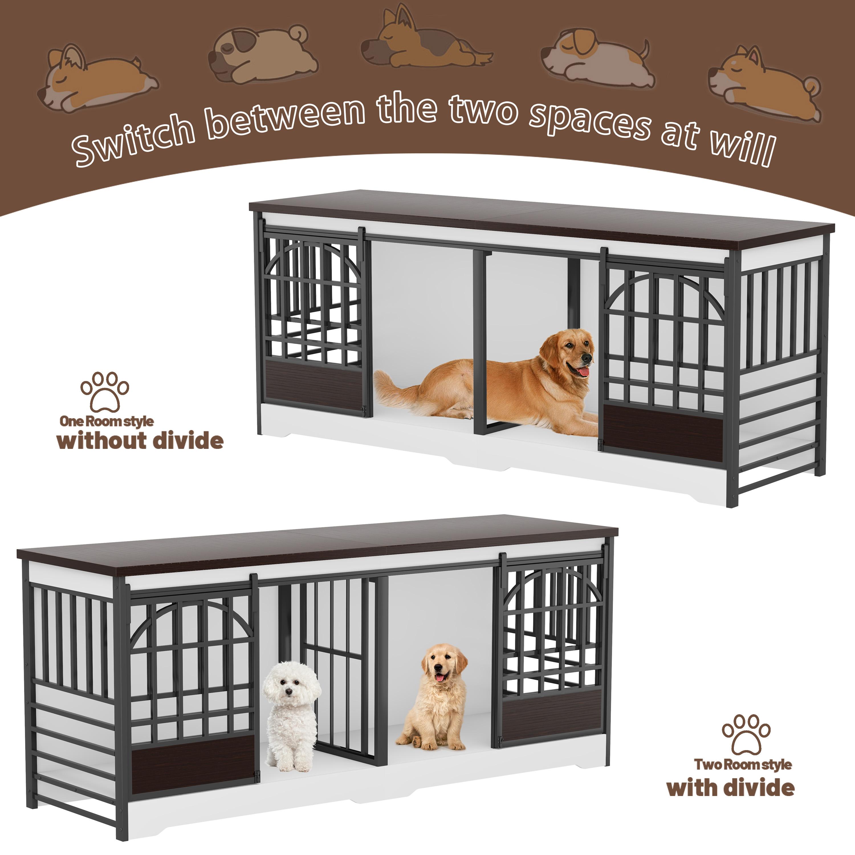 78 Inch Double Dog Crate Furniture, Heavy Duty Extra Large Cage Furniture with Divider for 2 Dogs, Decorative Wooden and Steel Kennel Furniture Indoor, Pet House for Medium,Large Dogs,White