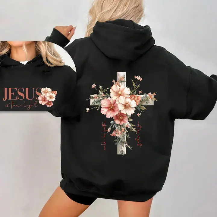Women's Faith-Based "Jesus Is The Light" Floral Cross Graphic Oversized Hoodie, 100% Cotton Long Sleeve Black-Hoodie Print Tops, Sweatshirts