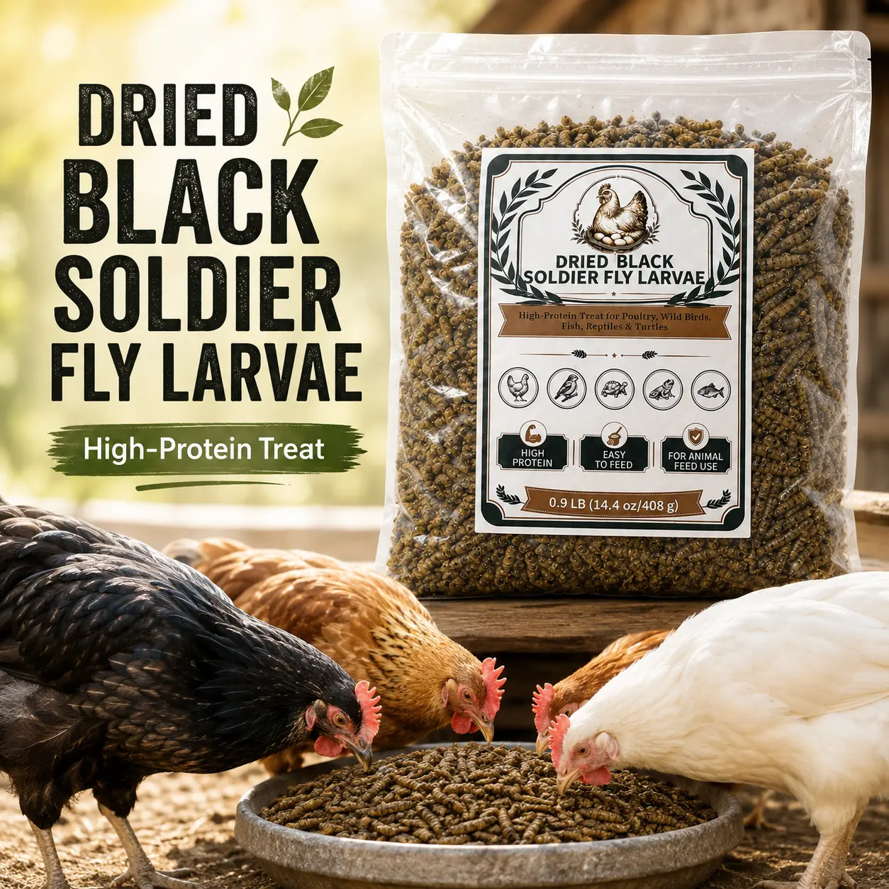 0.9 LB Dried Black Soldier Fly Larvae Animal Treat, Protein-Rich Bagged Pack for Poultry & Reptiles, Re-Sealable Bag Easy-to-Feed Snack for Chickens, Ducks, Turtles & Fish