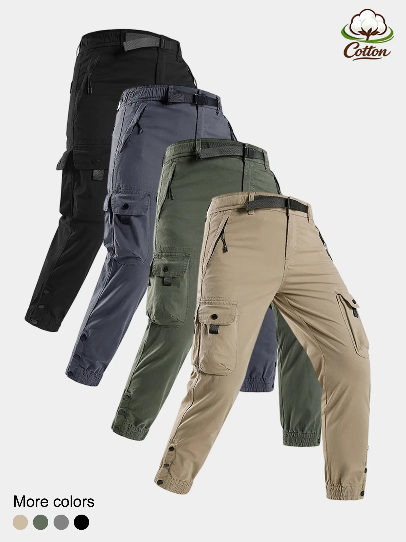 Utility Belted Waist Jogger Cargo Pants, Multi Flap Storage Pockets, Button Detail Elastic Cuff Work Trousers, Breathable 4 Tone Mens Camping & Hiking Bottoms